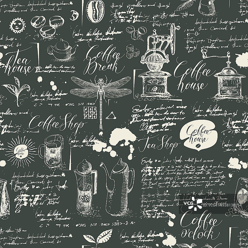Grunge无缝背景的咖啡和茶的主题图片素材