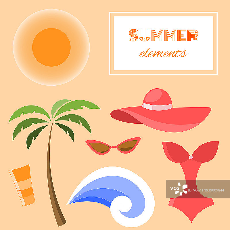 夏季元素孤立的背景。矢量插图的设计元素旅行和度假。夏天的图标集。图片素材