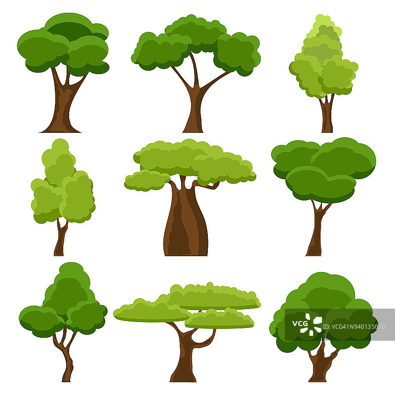 一组平面风格化的树木。卡通花园的绿树。自然环境、有机森林和公园。春天或夏天的树。矢量图图片素材