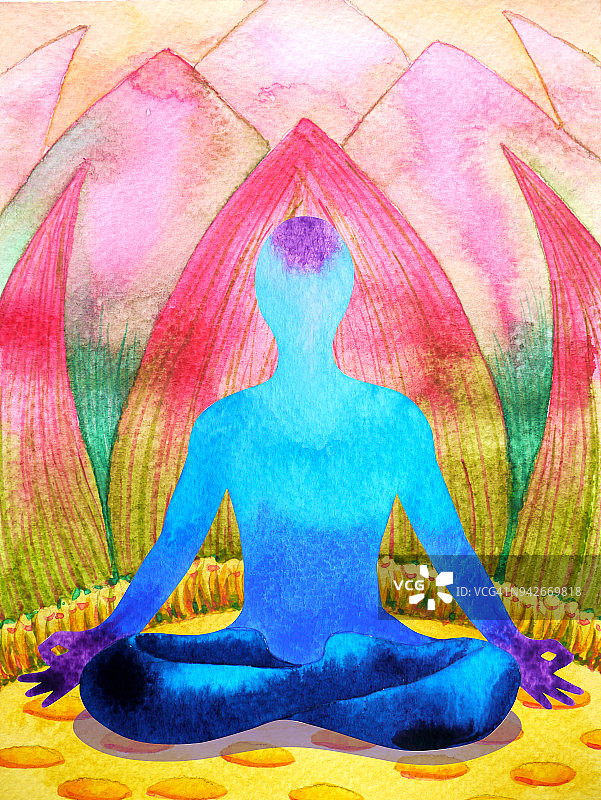 蓝色脉轮人体莲花姿势瑜伽，抽象世界，你心中的宇宙精神，水彩画插图设计手绘图片素材