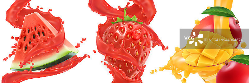 飞溅的汁。西瓜，草莓，芒果，夏季水果和浆果。3d现实的矢量图标集图片素材