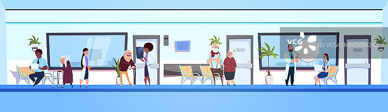 在医院候诊室里的一群人把医生和病人放在横幅上图片素材