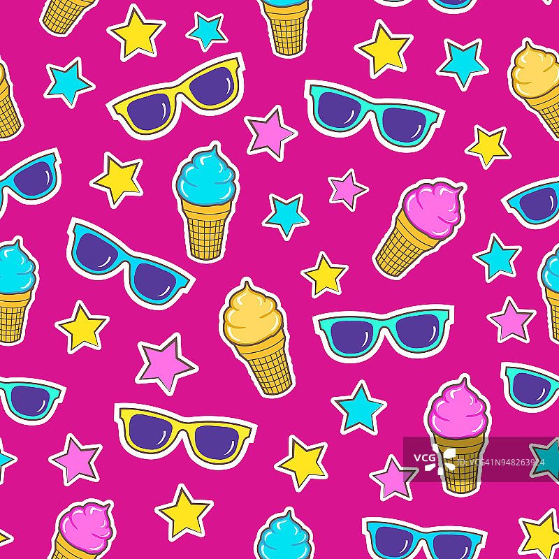 可爱的夏天无缝彩色图案的时尚补丁:太阳镜冰淇淋，星星在粉红色的背景。图片素材