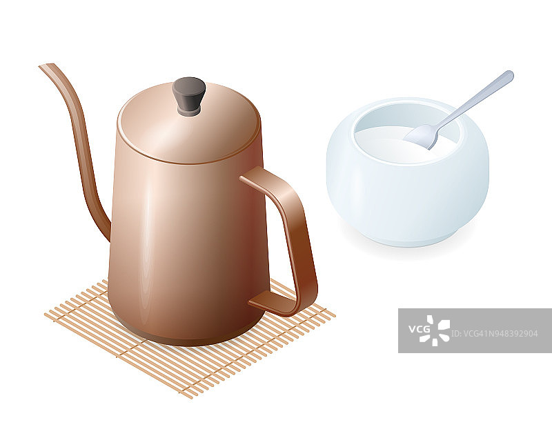 平面等距插图的金属咖啡壶和糖盆。图片素材