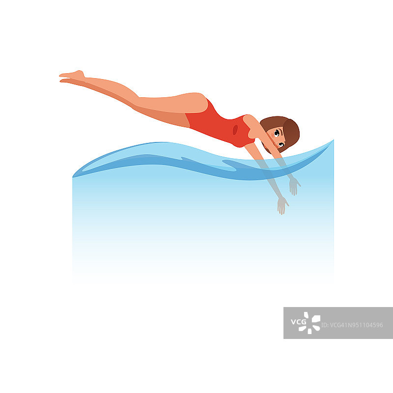 身穿红色泳衣的女子跳入水中，水中运动矢量图上的白色背景图片素材
