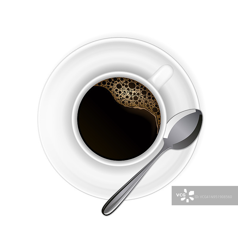 现实的顶视图黑咖啡杯和汤匙碟，孤立的白色背景。图片素材