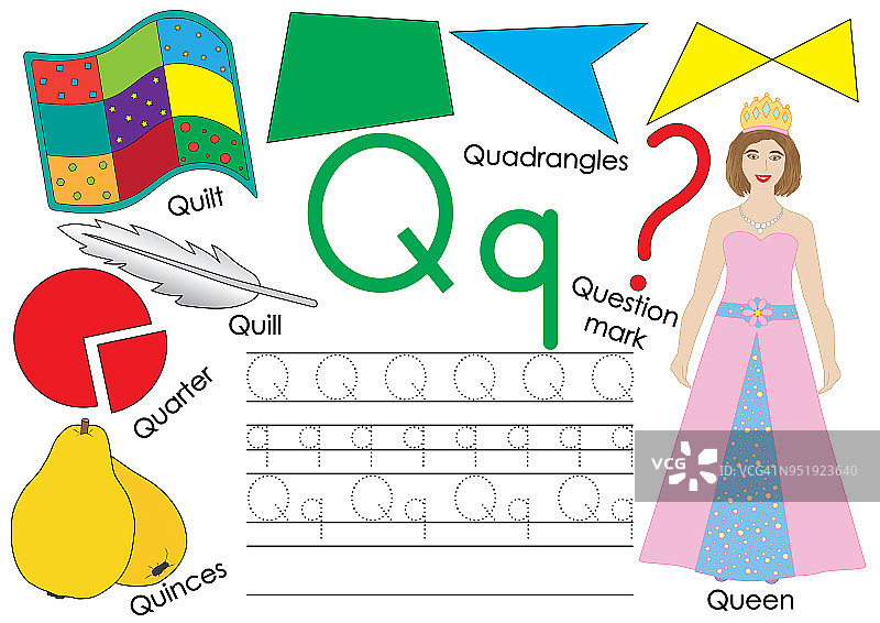字母Q.学习英语字母表。大写和小写字母的书写练习。矢量插图。图片素材