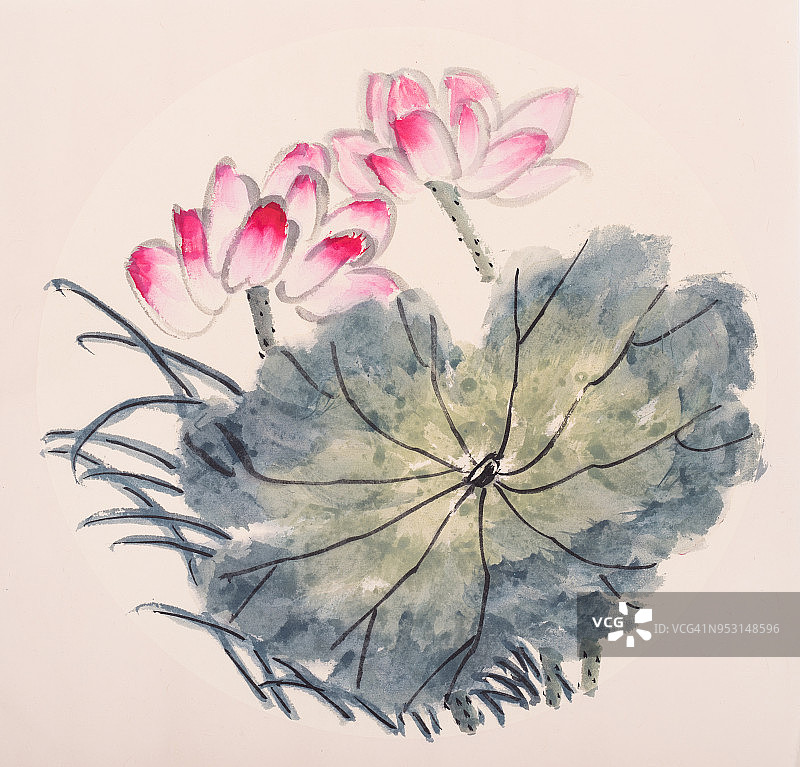 荷花手绘水墨，中国水彩画图片素材