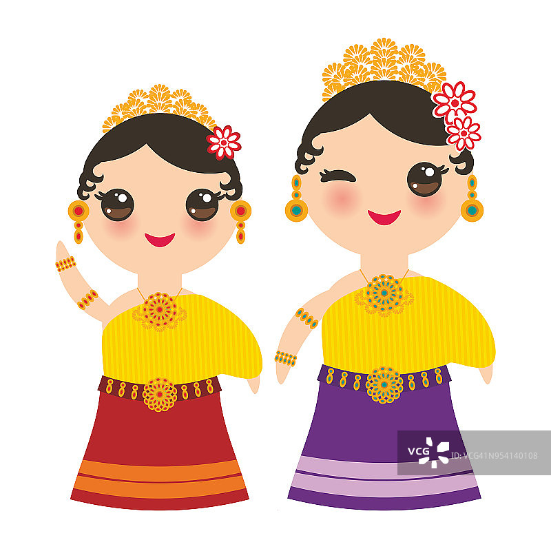 穿着民族服装的泰国卡哇伊女孩。卡通儿童在传统泰国服装孤立在白色背景。向量图片素材