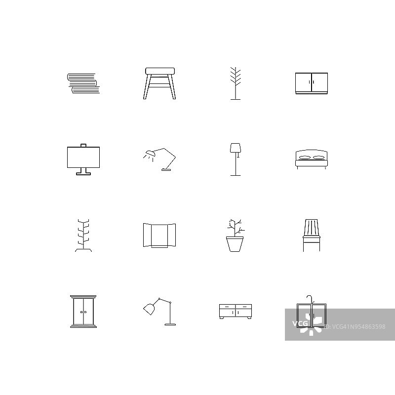 家具和家庭口音线性薄图标集。勾勒出简单的矢量图标图片素材
