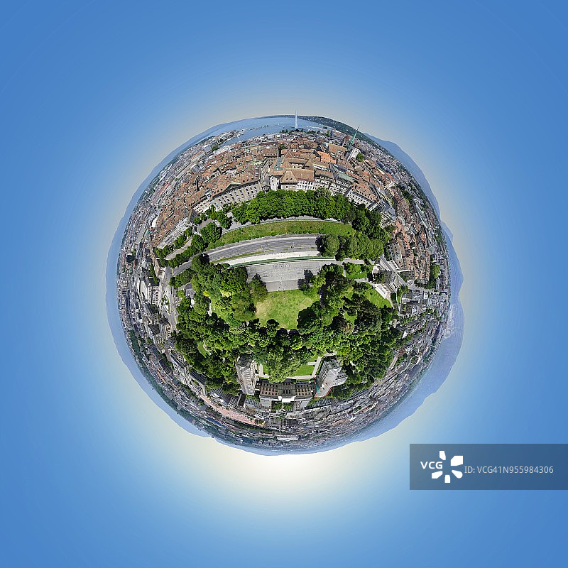 瑞士日内瓦老城上方的小星球景观图片素材