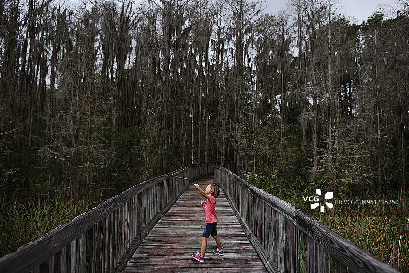 侧面的女孩玩干树枝，而站在木板路对森林图片素材