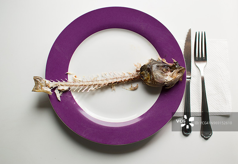 海鲈鱼的脊椎骨放入盘子中图片素材