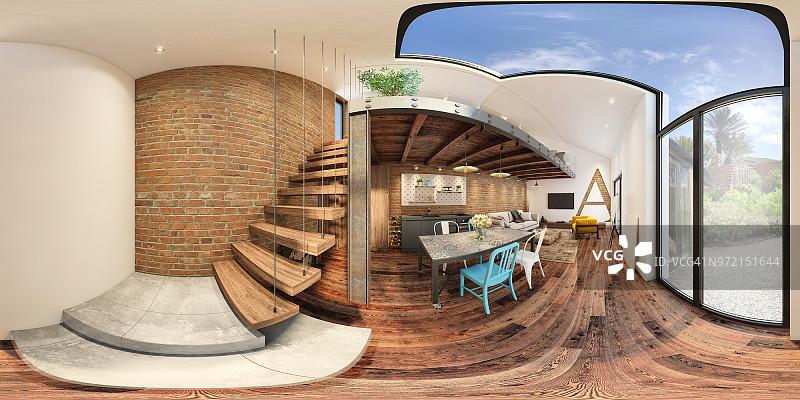 现代工作室公寓360等矩形全景室内图片素材