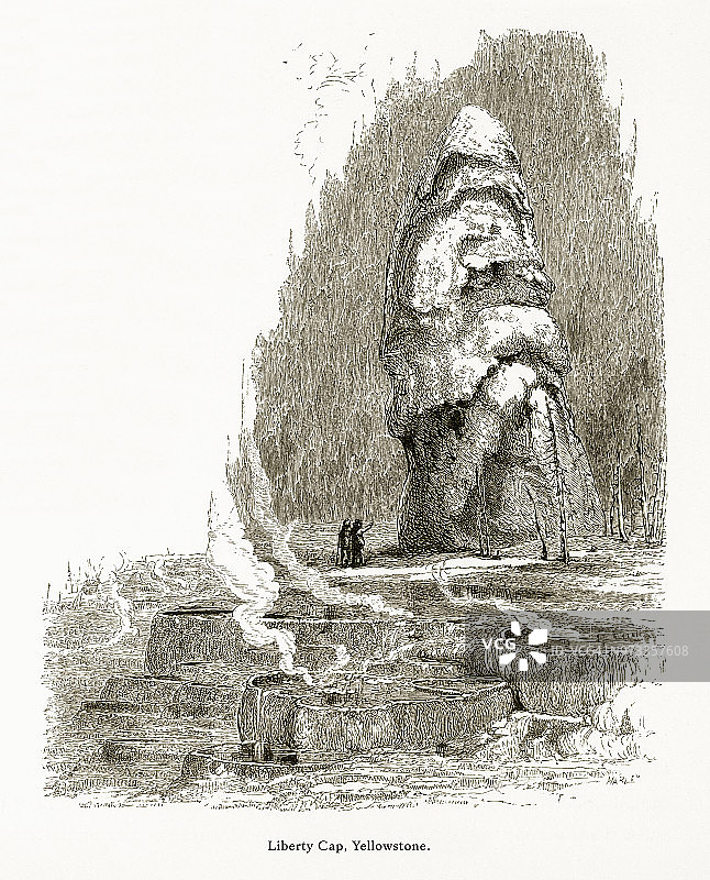 自由帽，温泉，黄石山谷，黄石国家公园，怀俄明州，蒙大拿州和爱达荷州，美国，美国维多利亚版画，1872年图片素材