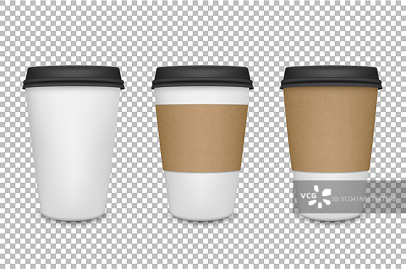 矢量现实的3d纸咖啡杯图标设置特写透明网格背景。设计模板的图形，模型。前视图图片素材