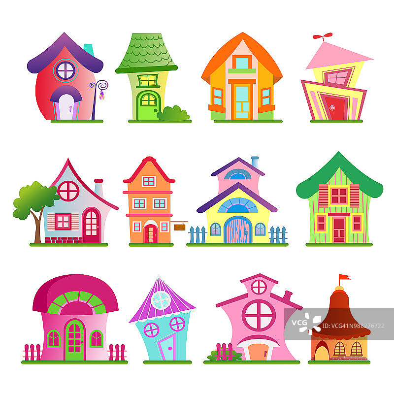 矢量插图有趣的乡村建筑设置。彩色和明亮的房子与树在卡通平面漫画风格的白色背景。图片素材