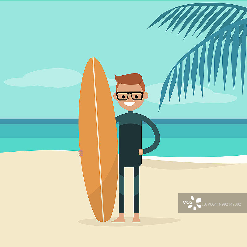 年轻快乐的冲浪者穿着潜水服拿着冲浪板。夏天。热带海滩。平面可编辑矢量插图，剪辑艺术图片素材