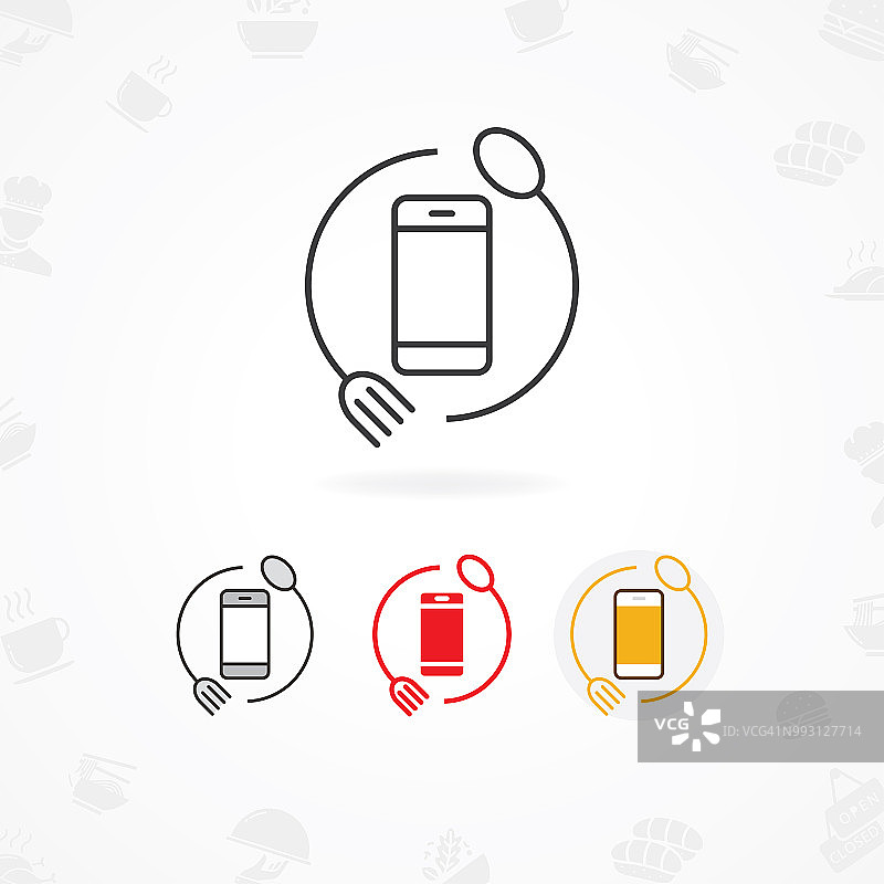 食品移动应用程序图标，移动应用程序标志图标与象征叉，勺和电话图片素材