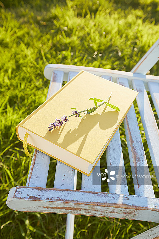 草地上的黄色书籍和椅子的静物图片素材