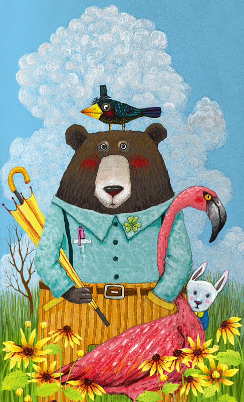 动物创意插画系列-熊与火烈鸟下载