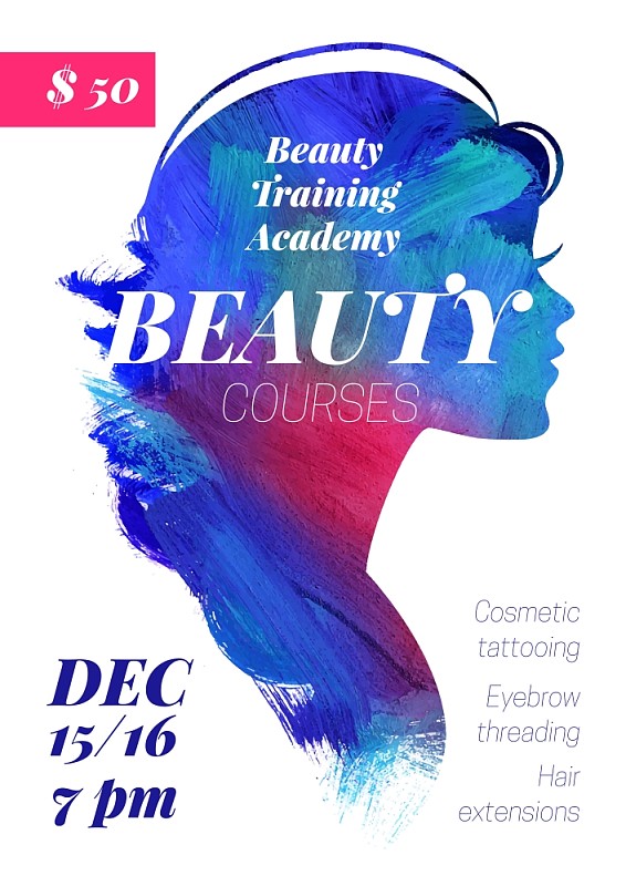 美容课程和培训海报。美丽的水彩丙烯水彩女孩剪影。矢量插画的女性美容院设计下载