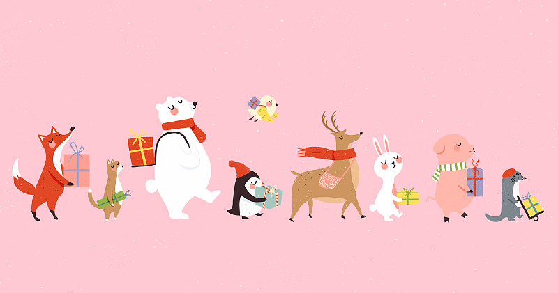 圣诞小动物们排队拿礼物图片下载
