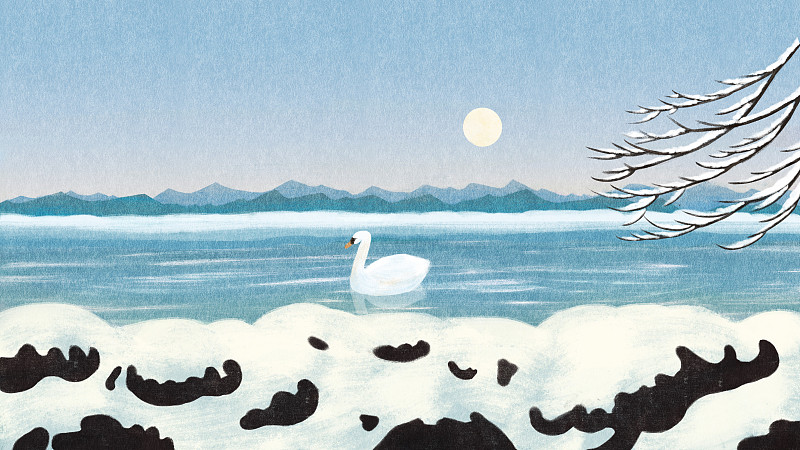 小寒 天鹅积雪枯树湖泊远山月亮图片下载