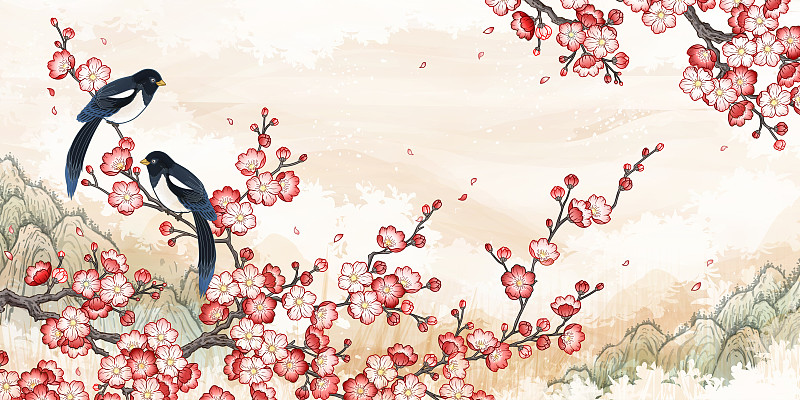 中国水墨风喜鹊与梅花横幅图片素材