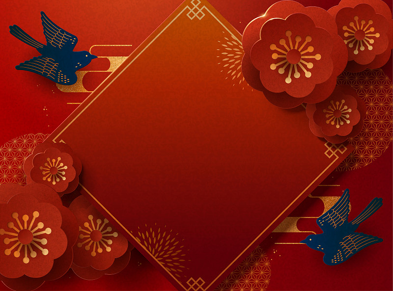 中国春节斗方贴与梅花装饰模板图片素材