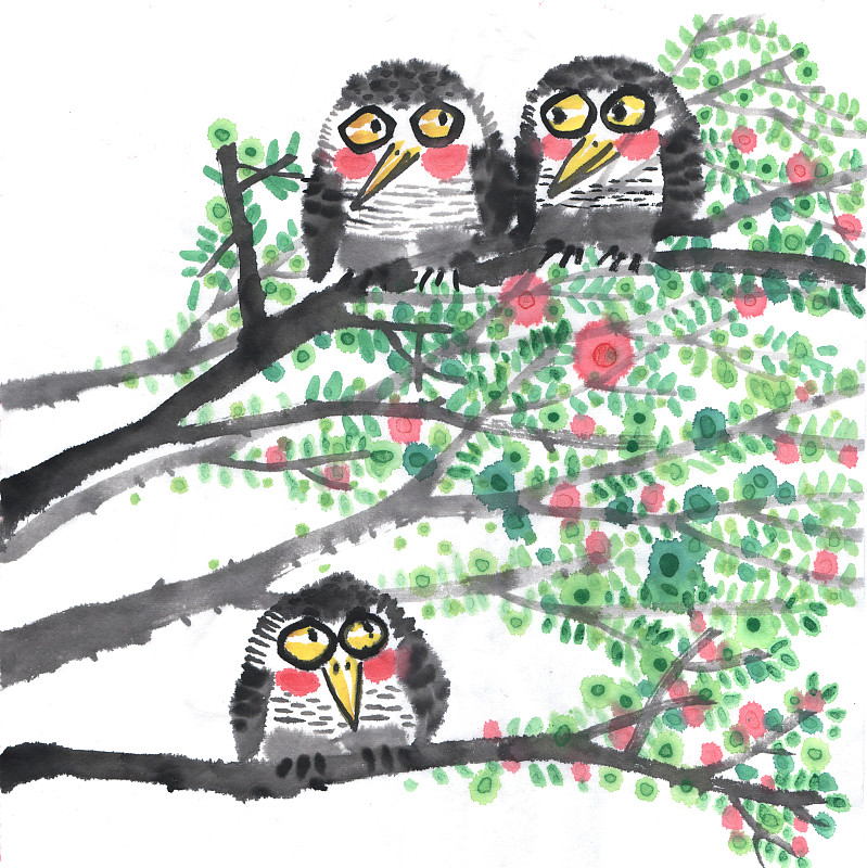 中国画水墨花鸟画站在树干上的三只鸟图片下载