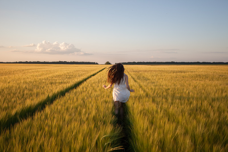 女人在黄麦田里奔跑图片素材