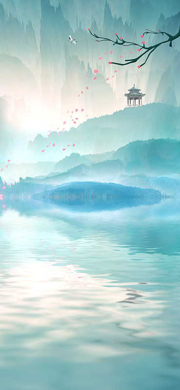 早晨山上有一座亭子，鲜花随风飘落湖水面上中国风插图背景海报图片下载