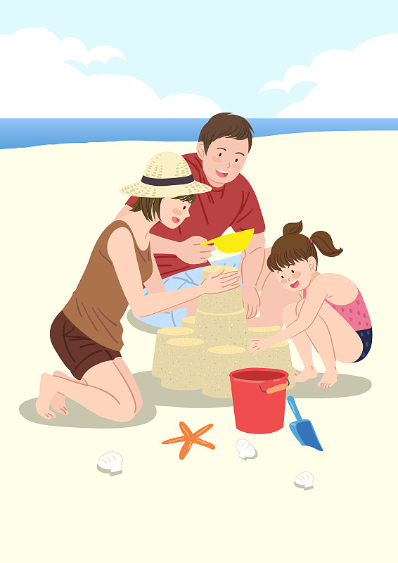 家庭幸福、和睦、父母,孩子,快乐,大海,沙滩,沙塔,海星图片下载