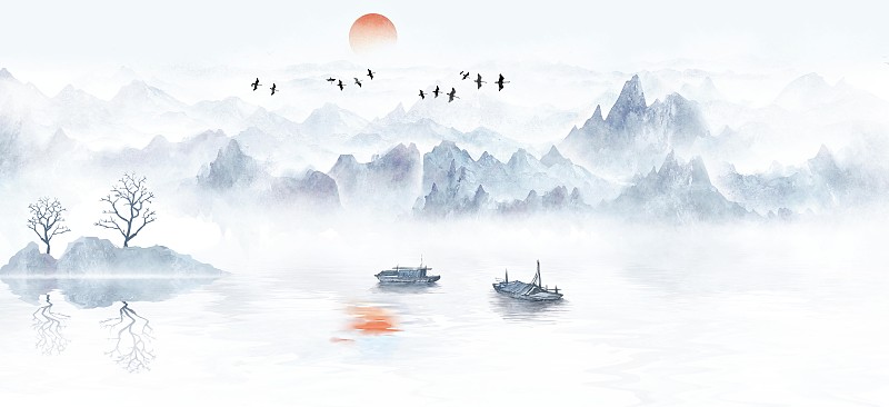 手绘中国风意境水墨山水风景画图片下载
