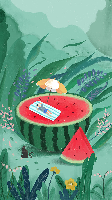  夏天绿色森林里躺在西瓜上的插画图片