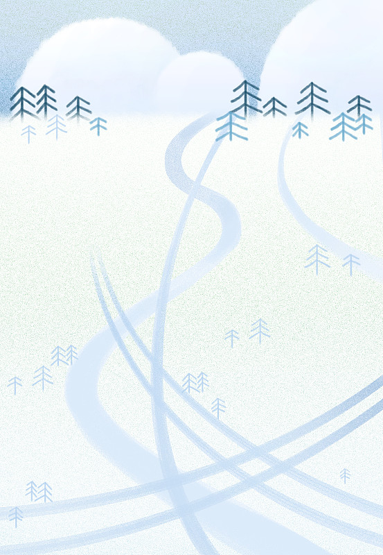 浅蓝色冬天雪地轨迹松树插画风景背景下载