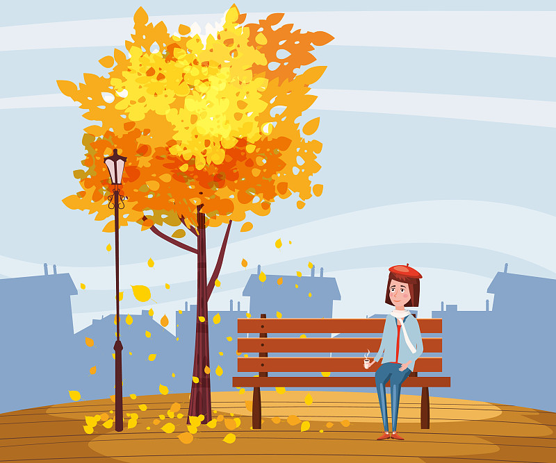 秋天快乐的女孩拿着杯子坐在长椅上图片素材