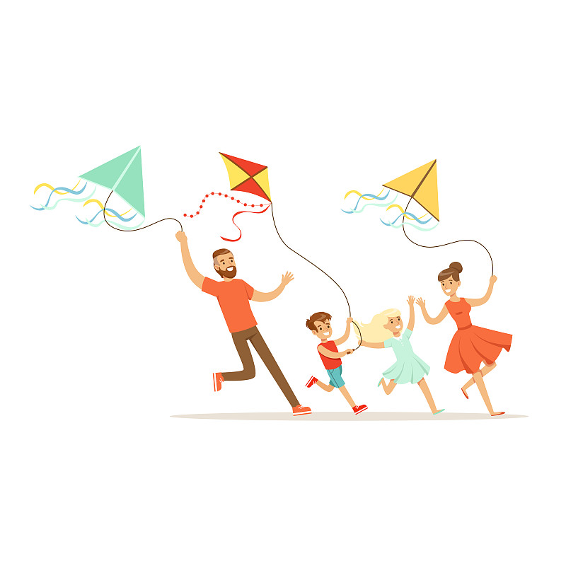 幸福的家庭和两个孩子在玩风筝图片素材