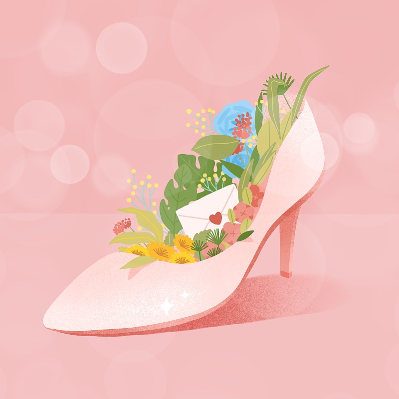 粉色背景花卉信封高跟鞋女神节插画图片