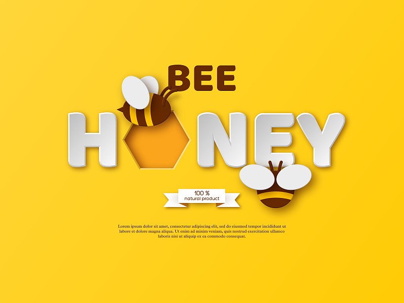 蜜蜂蜂蜜排印设计剪纸风格图片下载