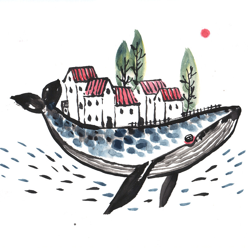 中国画水墨画带着房子走的鲸鱼图片下载