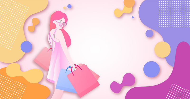 一位美丽时尚的都市少女用手机在网上购物消费的插画背景下载