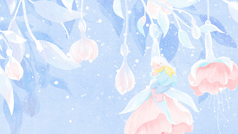 冬季下雪时在花朵上安眠的花精灵手绘插画图片