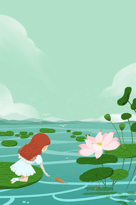 湖水边在荷叶上喂鱼的女孩 二十四节气立夏插画下载