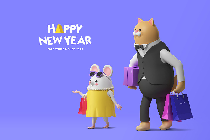 2020年新年快乐，3D逼真人物老鼠007图片下载