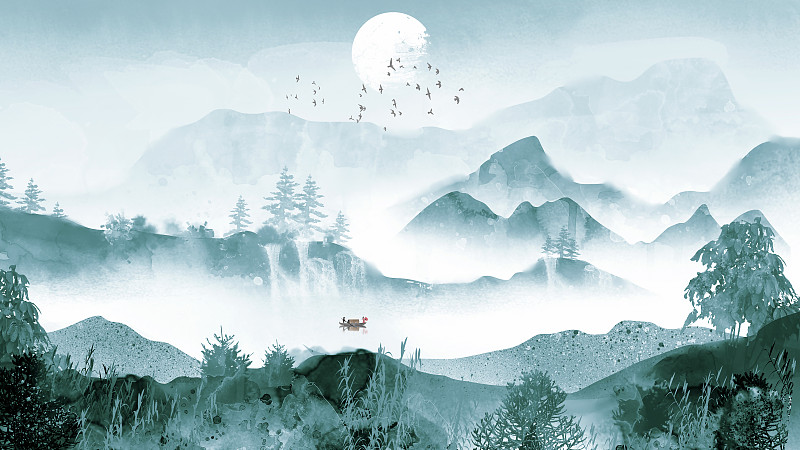 手绘中国风蓝色水墨山水画新中式背景插画图片