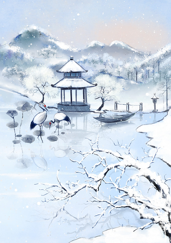 中国风手绘二十四节气插画冬日雪景图片