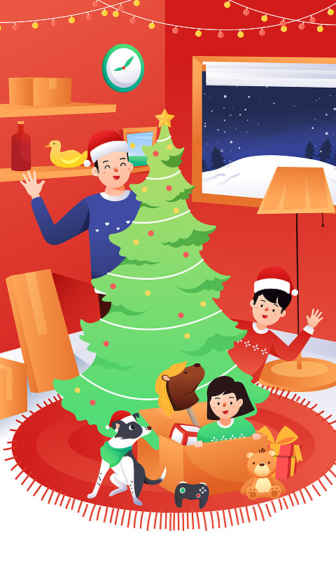 卡通圣诞节家人团聚庆祝活动背景矢量插画图片