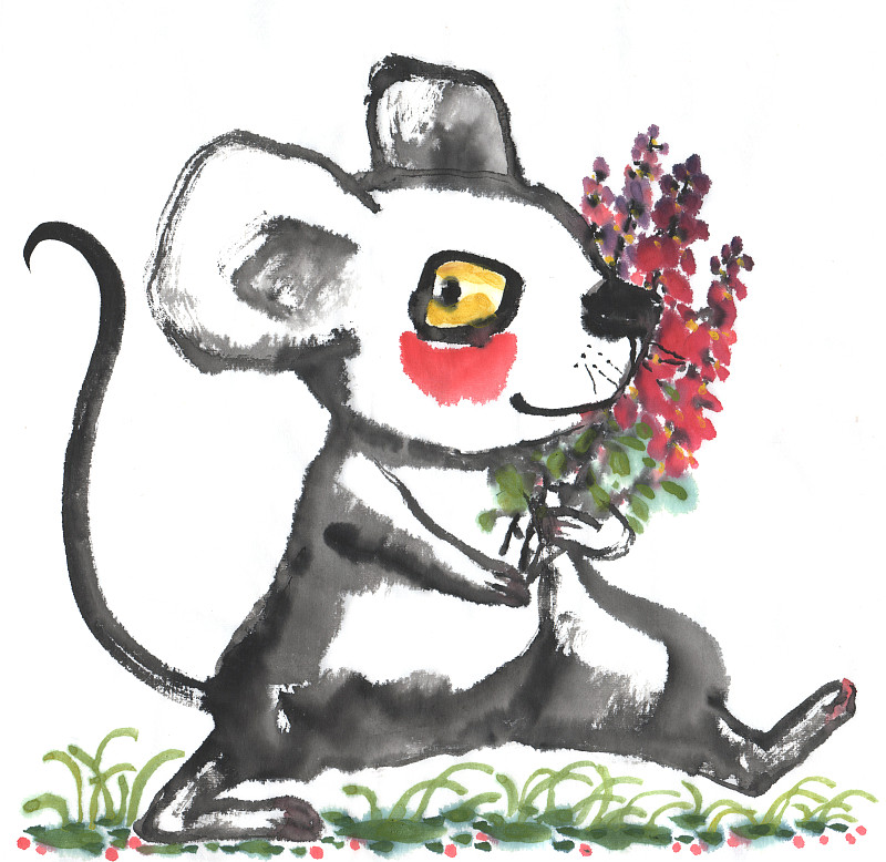 国画水墨插画-抱着花的生肖鼠图片